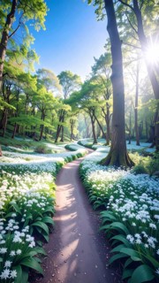 A tranquil forest path lined with white flowers, surrounded by tall trees and bathed in soft