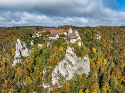 Aerial view of Werenwag Castle and former Werenwag Castle on a rocky spur in the Upper Danube