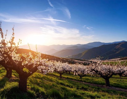Landscape with a blooming apricot tree, idilyc spring nature, green grass and mountains in