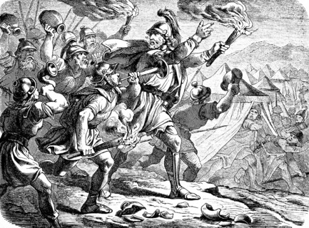 Gideon raids the Midianites camp, night, burning torches, warriors, weapons, noise, trumpet,