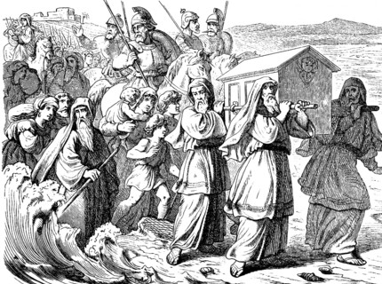 Twelve men carry the Ark of the Covenant through the Jordan Twelve stones, dry riverbed, water