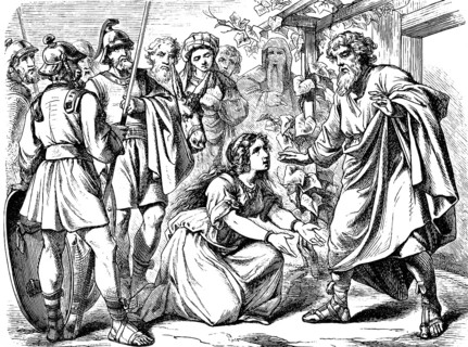 Ascha kneels in front of her father Caleb and said, Give me your blessing, God, marriage to