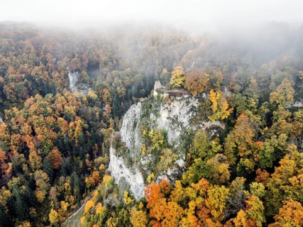 Aerial view of the viewpoint, shovels and Hausen Castle, also known as the Hausen ruins, surrounded