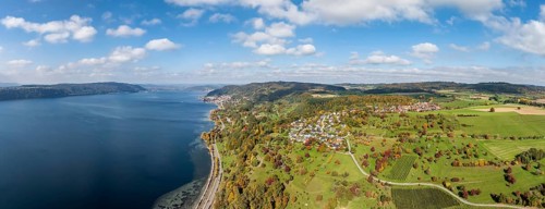 Aerial view, panorama of Lake Constance, Überlinger See, surrounded by autumn vegetation with the