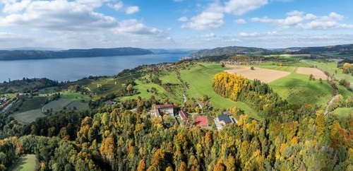 Aerial view, panorama of Lake Constance, Überlinger See, surrounded by autumn vegetation with