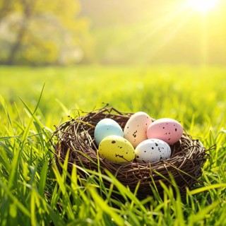 Nest with easter eggs in a basket on grass, sunny spring day, fresh beautiful landscape at