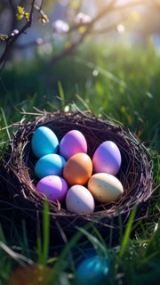 Nest with easter eggs in a basket on grass, sunny spring day, fresh beautiful landscape at