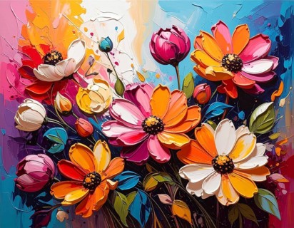 Closeup of abstract rough colorful multicolored organic floral spring flowers art painting texture,