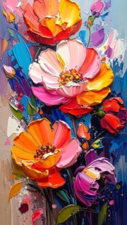 Closeup of abstract rough colorful multicolored organic floral spring flowers art painting texture,
