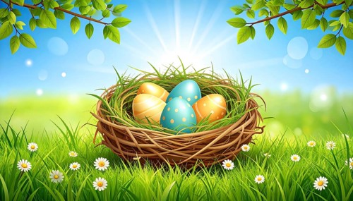 Nest with easter eggs in grass on a sunny spring day, Easter wallpaper decoration drawing, banner,