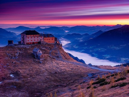 Watzmannhaus at dawn, fog in the valley, Berchtesgaden National Park, Schönau am Königssee,