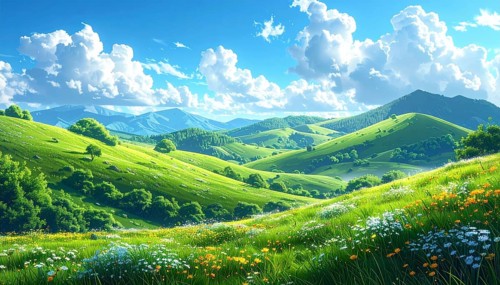 Fresh summer hilly Landscape with blooming Meadow, green plants, Blue Sky with cloudy sky, serene