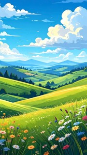 Fresh summer hilly Landscape with blooming Meadow, green plants, Blue Sky with cloudy sky, serene