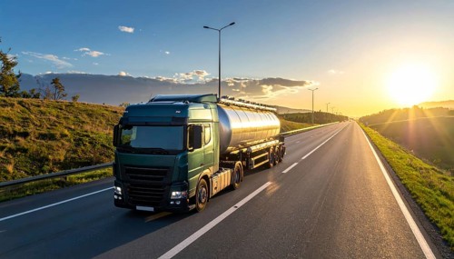 Petrol cargo truck lorry tanker driving on highway hauling oil products at sunrise, wide hilly