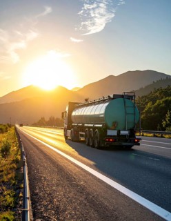 Petrol cargo truck lorry tanker driving on highway hauling oil products at sunrise, wide hilly