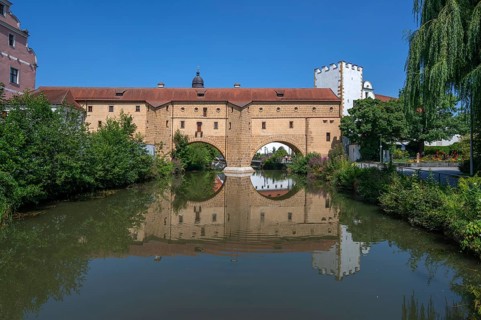 The so-called city glasses, late medieval water gate building over the Vils, Amberg, Upper