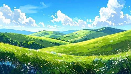 Fresh summer hilly Landscape with blooming Meadow, green plants, Blue Sky with cloudy sky, serene