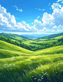 Fresh summer hilly Landscape with blooming Meadow, green plants, Blue Sky with cloudy sky, serene