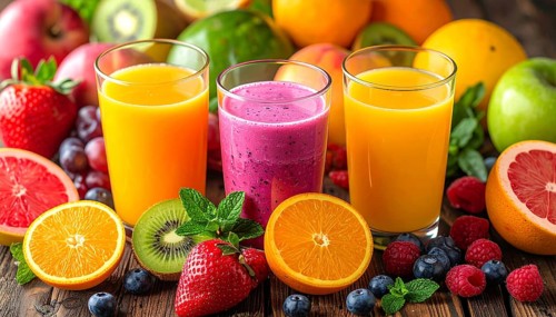 Fresh fruit juices in glasses, surrounded by colorful fruits, showcasing healthy drinking and
