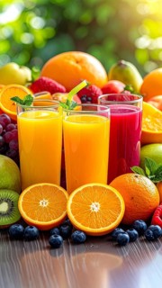 Fresh fruit juices in glasses, surrounded by colorful fruits, showcasing healthy drinking and