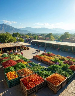 Traditional Mexican plaza with crates of peppers, onions, and tomatoes, economic prosperity in