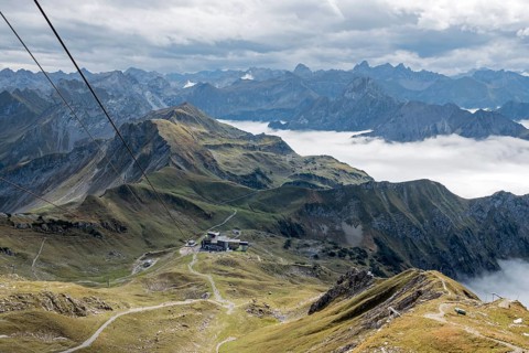View from Nebelhorn summit to Höfatsblick Nebelhornbahn station and mountains of the Allgäu Alps,