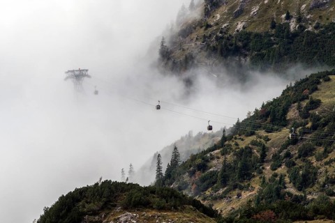 Pillars and cabins of the Nebelhorn Railway in the fog, Oberstdorf, Oberallgäu, Allgäu, Bavaria,