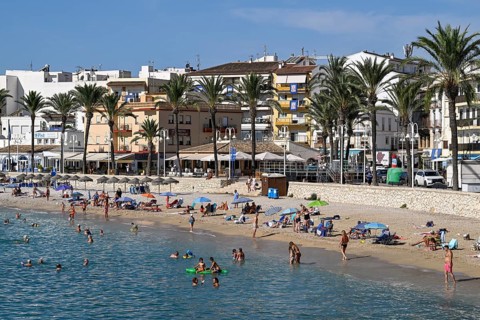 View of the beach and old town of Jávea or Xàbia, Alicante Province, Comunidad Valenciana, Spain