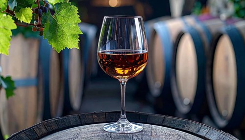 A glass of 10-year-old tawny wine placed on a barrel in a vineyard restaurant, vineyard landscape