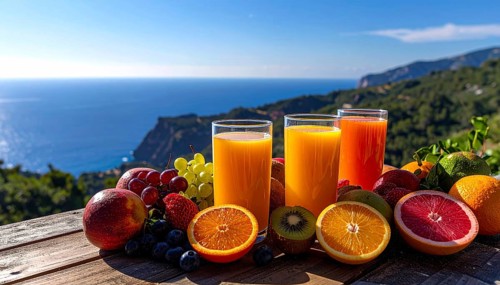 Fresh fruit juices in glasses, surrounded by colorful fruits, showcasing healthy drinking and