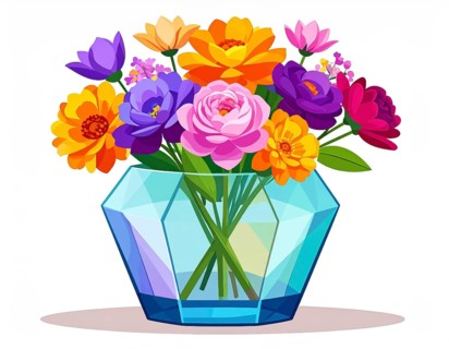 Crystal glass vase with vibrant blooming flowers, vibrant vector drawing illustration for fresh