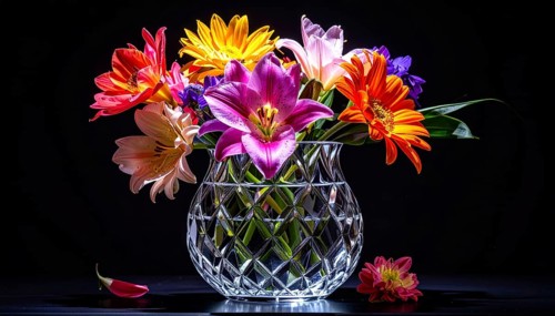Crystal glass vase with vibrant blooming flowers, fresh spring and summer concept, AI generated