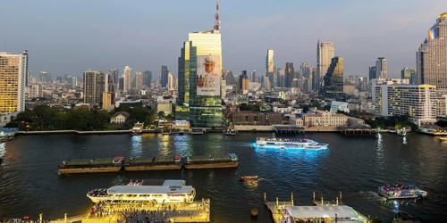 Panorama from IconSiam over Mae Chao Praya, Bangkok skyline, Thailand