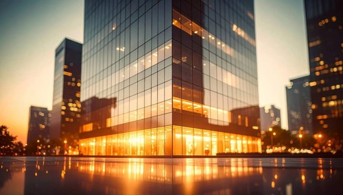 Modern building reflecting sunset light at dusk. Abstract Futuristic Business Background, AI