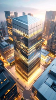Modern building reflecting sunset light at dusk. Abstract Futuristic Business Background, AI