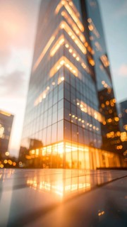 Modern building reflecting sunset light at dusk. Abstract Futuristic Business Background, AI
