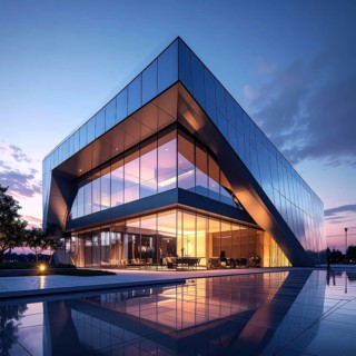 Modern building reflecting sunset light at dusk. Abstract Futuristic Business Background, AI