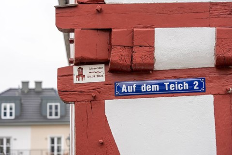 The old town of Ahrweiler, flood level mark, half-timbered house, renovated, restored, partly