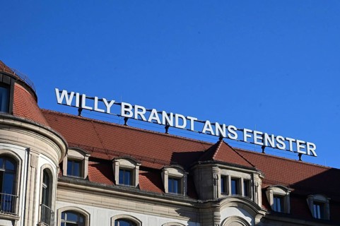 Willy Brandt lettering on the window at the hotel where Brandt visited during GDR times and showed