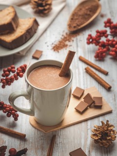 Cup of hot chocolate with cinnamon stick, autumn decorations, cake and berries