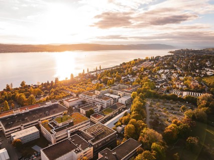 An aerial view of a waterside city surrounded by an autumn landscape, Überlingen, Lake Constance,