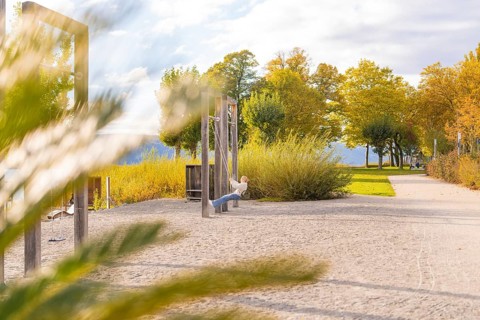 Playground scene with a rocking person and sun-drenched trees, Überlingen, Lake Constance, Germany