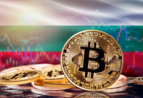 Bitcoin with Bulgaria flag in the background. Investors in cryptocurrency and Blockchain Technology