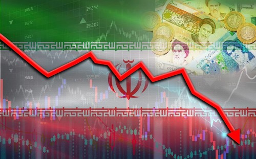 Iran financial fall on economy market. Iran financial crisis on economic graph