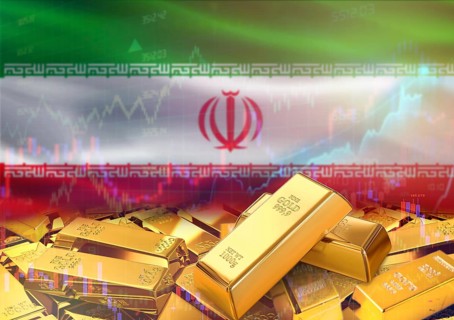Gold bars on Iran flag in background. Gold bars stacked on Iranian flag. Concept of Iran gold