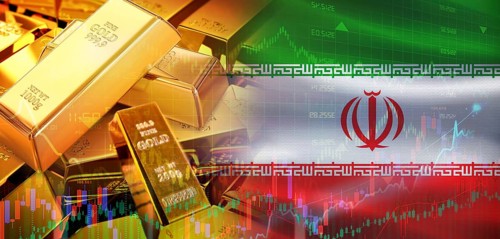 Gold bars stacked on Iranian flag. Iran gold reserves, Concept