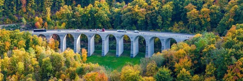 Todsburg bridge on the A8 motorway near Mühlhausen. Alpine climb to the Swabian Jura in autumn. The