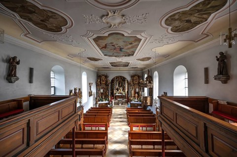 View from the organ gallery into the church of the Nativity of Mary, fortified church,