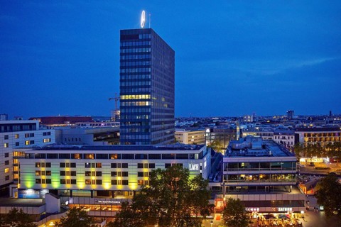 Europa-Center seen from an elevated position in the evening, Charlottenburg, Berlin, Germany