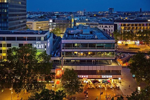Part of the Europa-Center seen from an elevated position in the evening, Charlottenburg, Berlin,